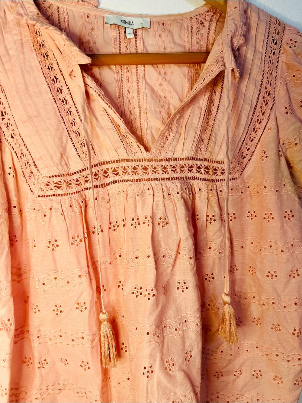 Soft Pink Eyelet Peasant Blouse with Tassel Tie - Picture 5 of 9